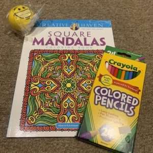 *Stress Reduction Package: Square Mandala Coloring Book, Stretchy Stress Ball & 24 pk Crayola Colored Pencils