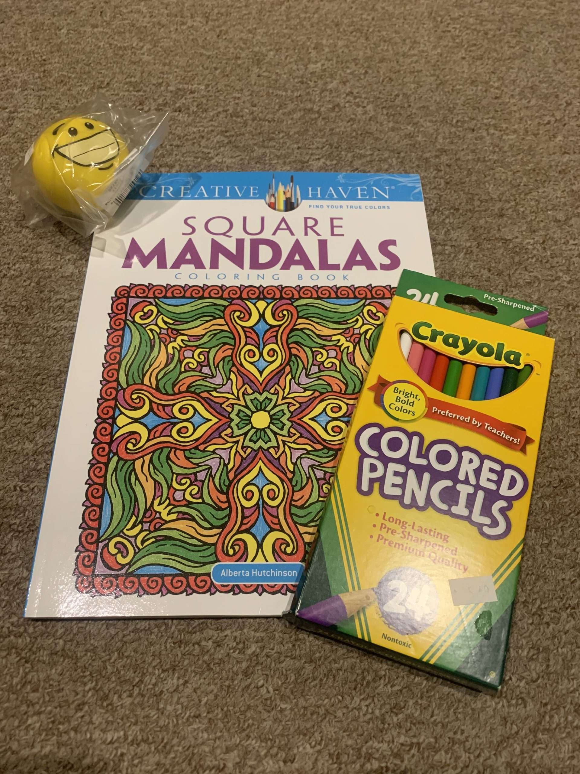 *Stress Reduction Package: Square Mandala Coloring Book, Stretchy Stress Ball & 24 pk Crayola Colored Pencils